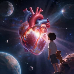 a boy drifting through the cosmos with his teddy bear, gazing at the anatomical heart that beats at the nexus of space and time. fanart anime fanart, in the universe 16k resolution, godrays, planets and space, extraordinary sights, battle for the universe. unreal engine 60 fps screenshot, treding on art station. Emotional. The End of All Existence.