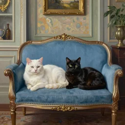 a white cat and a tuxedo cat lounging on a blue!!! chaise lounge in a victorian parlor, lighting study, still life, matte oil painting by james gurney, detailed, hyperrealistic, intricate, volumetric lighting, artgerm, gary chalk, alphonse mucha, louis wain