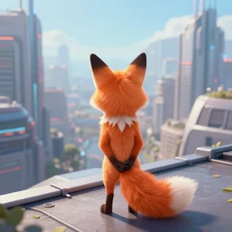 an anthropomorphic fox, holding her hands together behind her back staring over a futuristic city from the top of a roof, wide shot, over the shoulder shot, highly coherent, trending on furaffinity