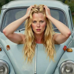beautiful beautiful beautiful charlize theron with long blonde hair locks holds over its head on its two hands old volkswagen beetle, oil on canvas, naturalism