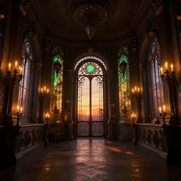 henry darger interior design, bioluminescent, steampunk artnouveau, candlelight, sunset glow, dark shadows, octane render, volumetric lighting, raytracing, symmetrical wide shot low angle
