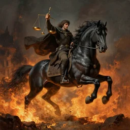 the first horseman of the apocalypse riding a strong big black stallion, horse is running, the rider carries a the scales of justice, flames from the ground, artwork by artgerm and rutkowski, breathtaking, dramatic, full view