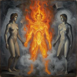 god of fire, fog, surreal by dan mumford and umberto boccioni, oil on canvas