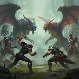 low size of scene, hyperrealism fantasy creatures fight scene with characters from league of legends portrait, digital art, wallpaper of an fantasy fight, background of sci fi city in fog, diffused lighting, 8 k dop hdr
