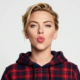 highly detailed portrait of scarlett johanson with scarlet lips pogging, tartan hoody, photographic realistic background, ringlet hair by atey ghailan, by greg rutkowski, by greg tocchini, by james gilleard, by joe fenton, by kaethe butcher, gradient red, black, neon green cream and white color scheme, trending in pinterest, award winning details