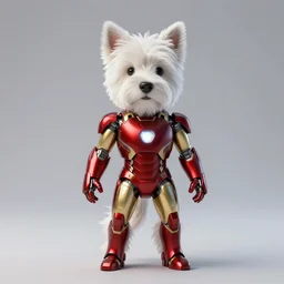 “An anthropomorphic West-Highland-White-Terrier iron man, upright full body shot,UHD, hyperrealistic render, 4k, cyberpunk”