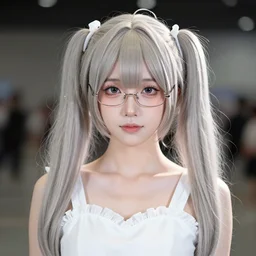 an award winning high definition photo of a young cosplayer with twin tails, wearing glasses and a white dress, symmetric and beautiful face, intricate, sharp focus, very detailed, photo taken with Sony a7R, Unreal Engine 5, 8k, HD