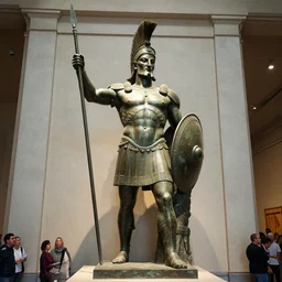 a huge bronze statue of a spartan warrior holding his spear and shield, tehran, museum, onlookers