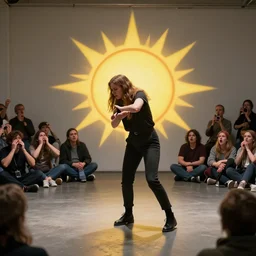 performance art documented by juergen teller, a young woman transforming the sun into a conspiracy theory, photorealism, the audience is scared but entertained, documentary