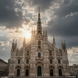 a massive cathedral on the horizon blocking out the sun. dream like, overcast sky, surreal.