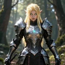 half - portrait, aasimar warlock, combat pose, glowing blonde hair, black and silver heavy armor, bright opal eyes, ornate, iridescent, very detailed, soft, sunlit forest, 1 6 k, octane render, ross tran, greg rutkowski, magali villeneuve, ayami kojima, symmetry