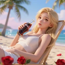 a beautiful blond asian girl lay on chair hold coke in beach, rose, palm tree, majoy dreamlike sky, mediterranean, sharp focus, masterpiece, lifelike, animated, realistic, character select portrait, by artgerm, greg rutkowski, alphonse mucha, 3 d, hyper detailed face, soft light, water reflection