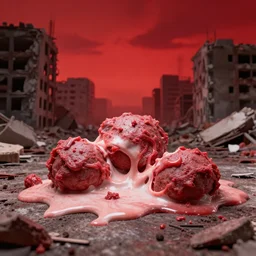melted human flesh blobs in a destroyed city with a red sky