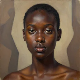 detailed portrait in femininity, realistic face sculpted features, ethnic, exotic, arabic, african, melanin, deep clear eyes, statuesque, warm glowing skin, chiaroscuro, tangible, angular impressionism, mocha, ambient, arabesque backdrop, contemporary, modern fashion, natural colors, oil on canvas