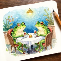 pencil and watercolor sketch of two mafia frogs in an underwater restaurant