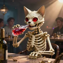 An anthropomorphic cat skeleton with red eyes is drunk at a party