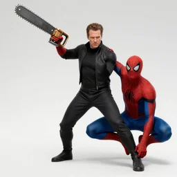 Bruce Campbell as mysterio fighting spiderman with a chainsaw hand