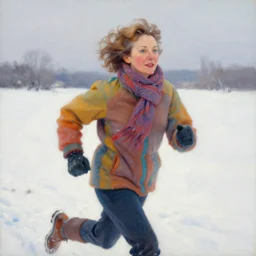 a fifty year old woman with short wavy curly light brown hair and blue eyes wearing colorful winter clothes is running in a snowy field. beautiful painting by artgerm and greg rutkowski