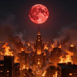 A fantasy city completely covered in fire, rising smoke, dark fantasy, nighttime, detailed crimson moon, hyper realistic, by greg rutkowski, trending on artstation