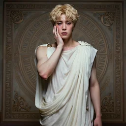 wide angle full body portrait of Park Jimin of BTS as Antinous, dramatic photography, dramatic facial expression, tears, hand on his cheek, soft skin, soft blush, intricate, ethereal, highly detailed, high resolution, 8K resolution, sharp focus, Unreal engine 5, smooth, ectomorph, curvy body type, wearing a chiton, feminine facial features, greek pattern background, art by J. C. Leyendecker