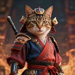 a cat in samurai clothing, looking at the camera, epic, octane render, portrait, dynamic lighting, intricate detail, vibrant, hyperrealistic, cinematic