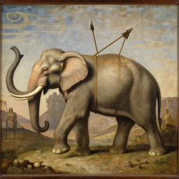 “a Hellenistic painting of war elephants with missiles strapped to them, virtuoso, masterpiece, 8k, Michelangelo”