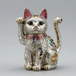 detailed jewel figurine depicting heavily stylized fortune cat, made by faberge. macro photography.