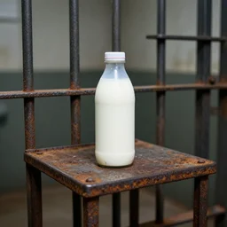 bottle of milk, over a rusted metal table inside a jail cell in a slaughterhouse