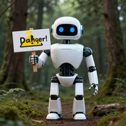 a robot in a forest holding a sign that reads: Danger!
