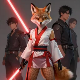 beautiful portrait of a female anthropomorphic coyote fursona wearing sexy jedi robes with fishnets wielding a red lightsaber. character design by charlie bowater, ross tran, artgerm, and makoto shinkai, detailed, soft lighting, rendered in octane