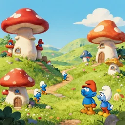 fairytale landscape with mushroom houses in the style of wimmelbilder and the smurfs