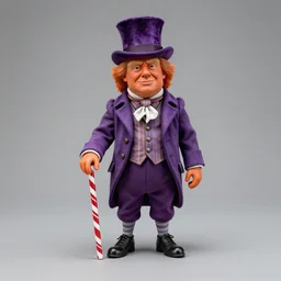 wide angle full body photo of a maquette sculpture of donald trump as willy wonka, he is wearing a victorian era purple jacket and pants, and a velvet purple top hat over his long orange hair. he is holding a candy cane colored cane. his skin is an orange color like an oompa loompa. in the style of sideshow collectibles, highly detailed sculpture