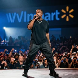 kanye west performing a concert inside of a walmart