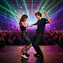 studio portrait of two friends dancing at a concert with a huge croud and lasers, hyper detailed, octane render, vivid colors, artstation, by jeremy mann