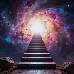 a cosmic staircase leading into an ethereal realm, surreal, hyper-shapes, vibrant colourful cosmic background, rendered in CryEngine