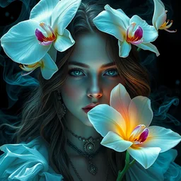 the portrait lana del rey as a chaotic good female druid alchemist as absurdly beautiful, gorgeous, elegant, young happy woman, giant orchid flower, giant gladiola, high contrast and sharpness, translucent, nautilus, smoke and water energy flow. highly detailed, epic. octane render, an ultrafine hyperdetailed illustration by kim jung gi, irakli nadar, detailed faces
