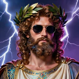 portrait of glamor greek god zeus | wearing sunglasses and a laurel wreath | curly hair, beard | lightning storm background | highly detailed | very intricate | professional model | cinematic lighting | painted by donato giancola and mandy jurgens and charlie bowater | bold colors, artdeco, art deco outrun anime aesthestic, 8 0's nostalgia | featured on artstation