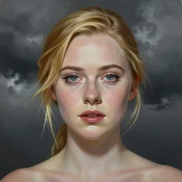 professional painting of Elle Fanning in the style of Gregory Crewdson, head and shoulders portrait, symmetrical facial features, smooth, sharp focus, illustration, intricate, stormy weather, extremely detailed masterpiece,