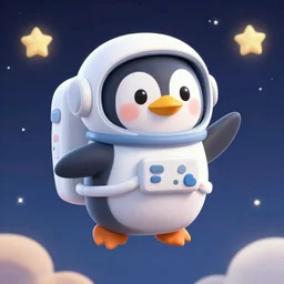 cute astronaut penguin, floating on space, disney style, 8 k