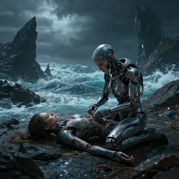 by oka yasutomo and anna dittmann, visually stunning, cinematic, ultra realistic, hyper realism, 1 2 k, epic, octane render, unreal engine, vfx, maya, a land on an unforgiving world of churning oceans and jagged coastlines, the darkness you can only experience underground, butch cyborg woman repairs herself