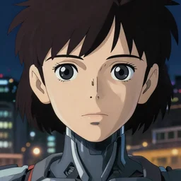 a anime portrait of a cyborg woman, finely detailed features, closeup at the face, large eyes, sharp focus, perfect art, night - time city background, cinematic lighting, highly detailed, intricate, anime, illustration, artstation, trending on pixiv fanbox, painted by greg rutkowski, studio ghibli, yoji shinkawa, hayao miyazaki,