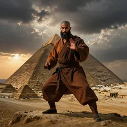 a close portrait of a charismatic egyptian / arabic style kung fu - monk on top of a pyramid overlooking the ancient monumental egyptian city, heavy clouds and setting sun, cinematic dark mood, masterpiece by john everett millais