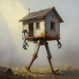a walking mechanical house on mechanical legs, rust, hyperrealistic, highly detailed, cinematic, single ray of sun, fog, beautiful, cgssociety, artstation, 8 k, oil painting