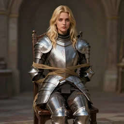 portrait of a female blonde in a knights armor tied up in a chair, full view, popular on artstation, artstationhd, artstationhq 8 k, volumetric lighting, super focused, no blur, trending on artstation, ultra detailed, by artgerm and james gurney, greg rutkowski, 1 5 8 0 art