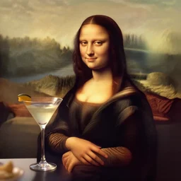a photorealistic photograph of mona lisa holding a martini at sunset Trending on Artstation, featured on Behance, well-rendered, Unreal Engine, 4K HD