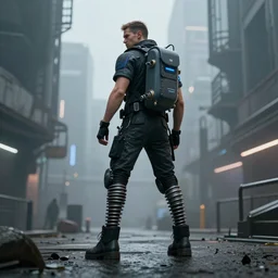man on a jetpack with springs instead of legs, cyberpunk, 4k,