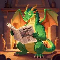 illustration of a dragon reading the newspaper in front of a fireplace, digital art, artstation trend