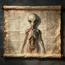 educational wall scroll of alien anatomy, medieval scripture