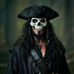 portrait photo of a pirate lord wearing black hat, black coat and a skull mask, long black beard and long black hair, dramatic cinematic lighting, movie scene, dslr photo, depth of field