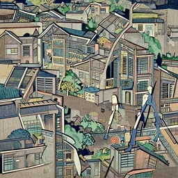 artwork of a building and humanoid in a nice scenery by kunisada,